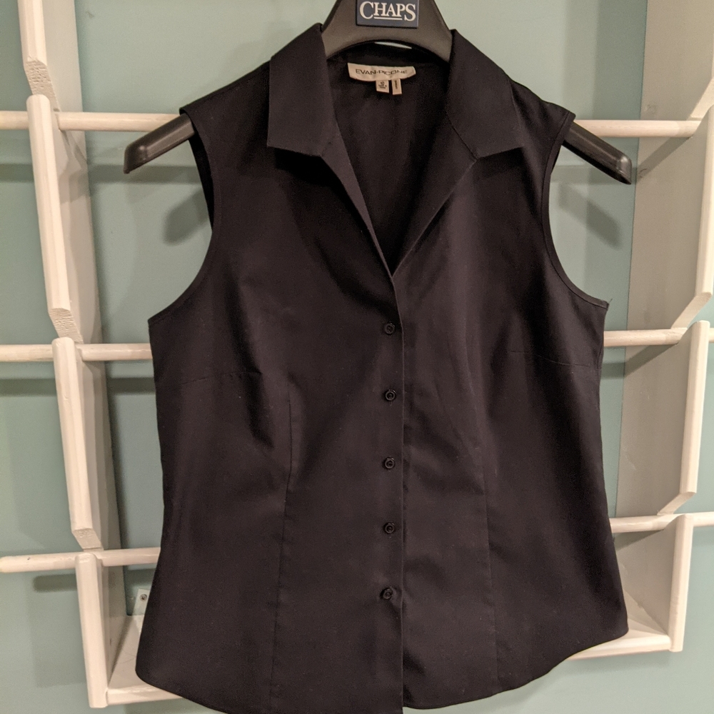 Evan Picone Top Size 10 Black Sleeveless Button Down V Neck Shirt Blouse
